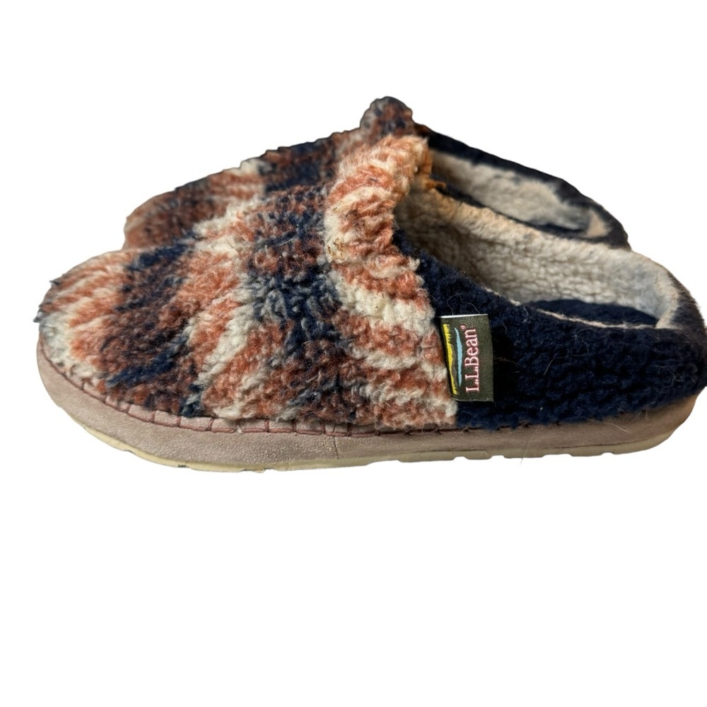 LL Bean Blue Tan Pile High Sherpa Cozy Slipper Slides Women's 8